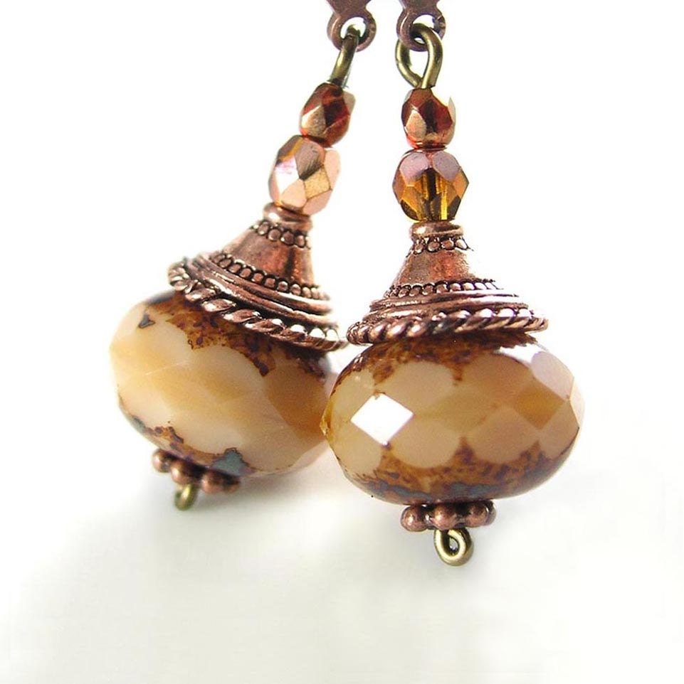 Caramel Brown Earrings Vintage Coffee Czech Glass Earrings Antique Copper Earrings Caramel Dangle Earrings