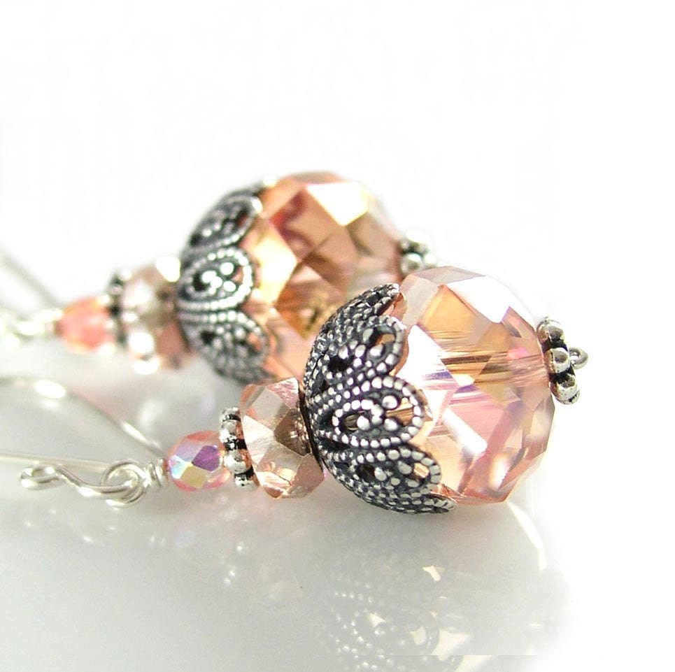 Peach Pink Earrings Apricot Rose Pink Crystal Earrings Antique Silver Filigree Sterling Silver Vintage Style Earrings