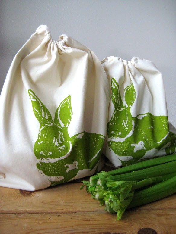 Screen Printed Natural Cotton Rabbit Produce Bags - Reusable and Washable - Eco Friendly and Awesome