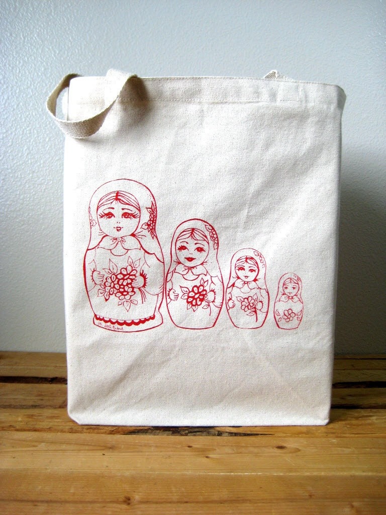 Screen Printed Recycled Cotton Shopper Tote - Reusable - Lightweight Canvas Tote Bag - Eco Friendly - Nesting Dolls Illustration