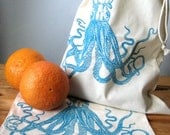Set of 2 - Screen Printed Natural Cotton Octopus Produce Bags - Eco Friendly - Reusable and Washable