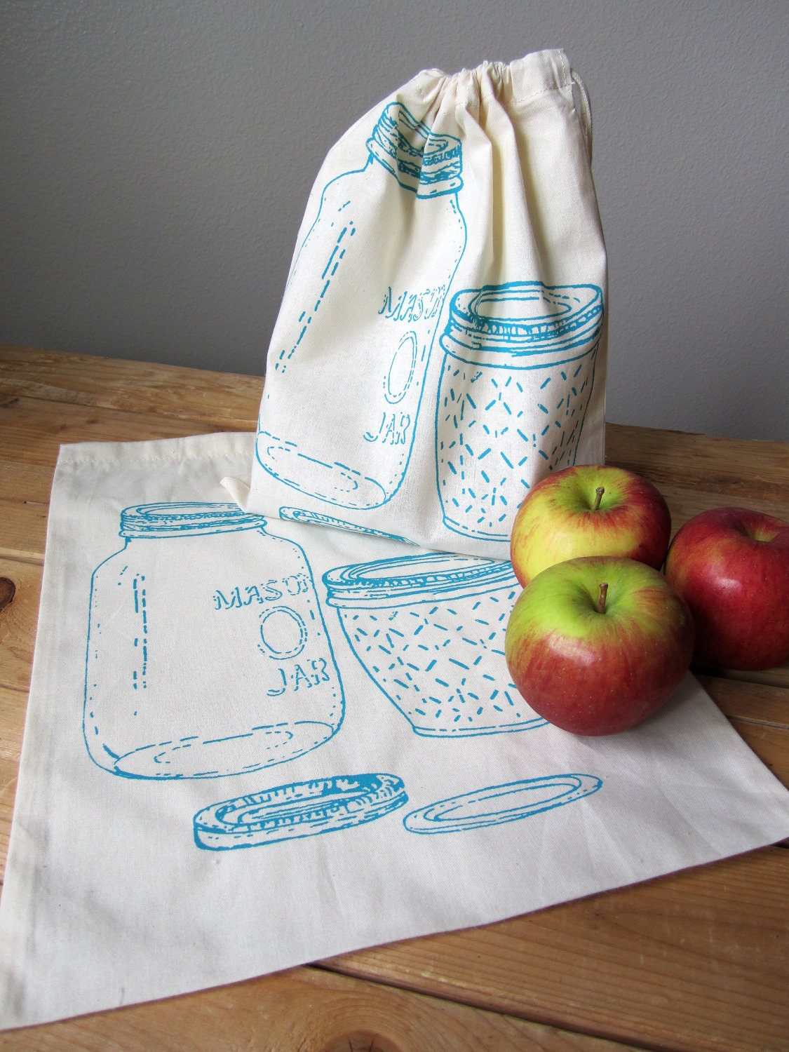 Set of 2 - Screen Printed Reusable Natural Cotton Mason Jar Produce Bags