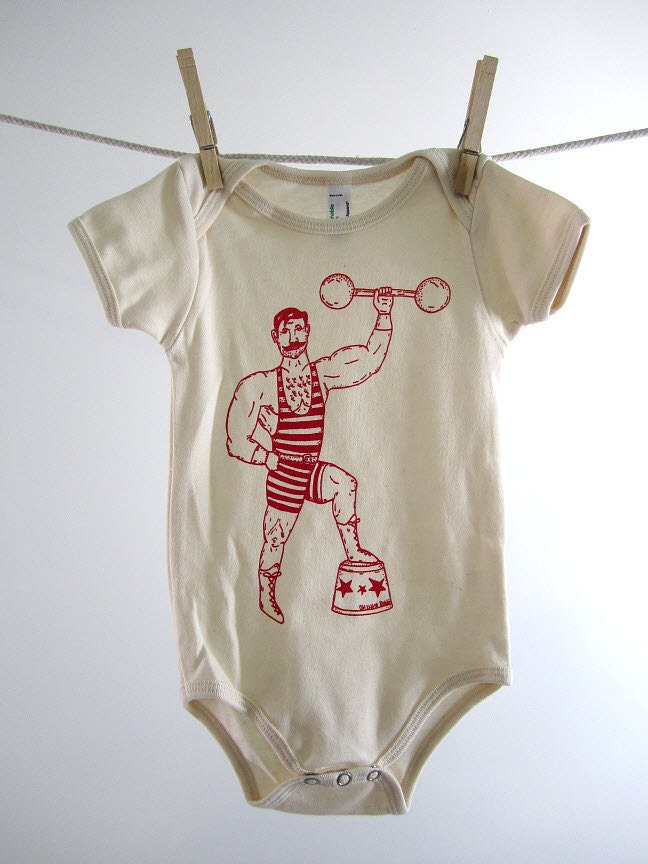 Organic Onesie - Hand Screen Printed American Apparel Baby Onesie - Vintage Circus Strong Man (You pick size)