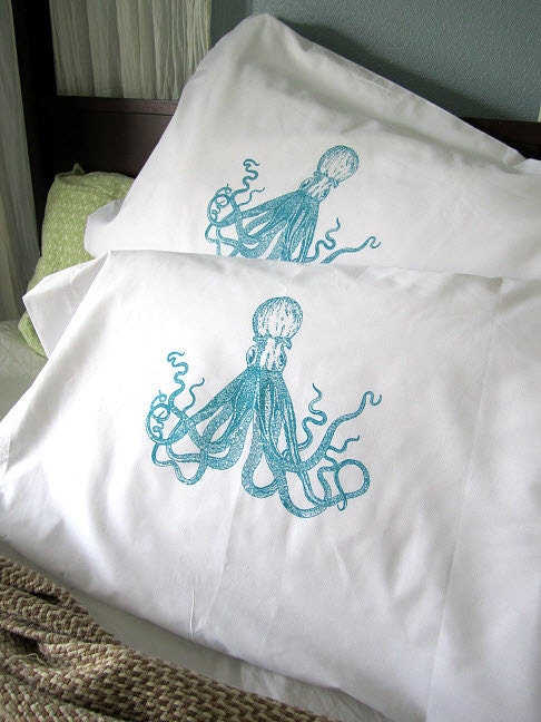 Screen Printed Octopus Pillow Cases - Set of 2 Standard Sized Pillow Covers - Eco Friendly Bedding
