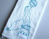 Screen Printed Organic Cotton Flour Sack Tea Towel -  Hand Printed Vintage Circus Seal - Unique Soft and Absorbent Dish Towel