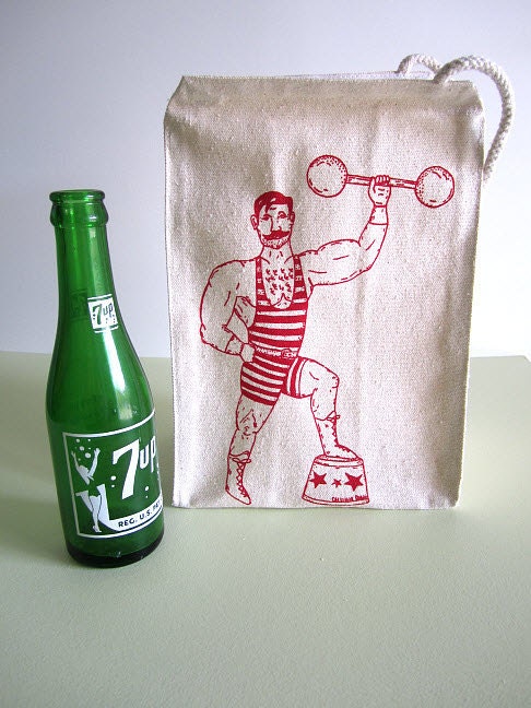 Screen Printed Recycled Cotton Lunch Bag - Reusable and Washable - Eco Friendly and Awesome - Vintage Circus Side Show -  Strong Man