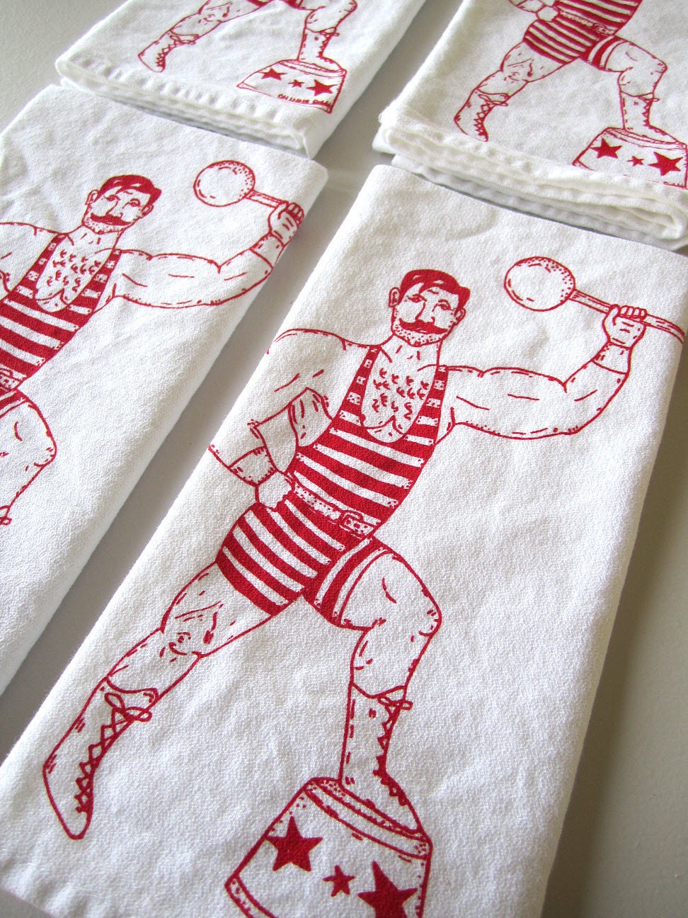 Screen Printed Organic Cotton Cloth Napkins - Eco Friendly - Vintage Circus Strong Man Napkins