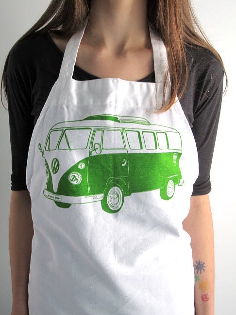 Screen Printed Apron - Natural Cotton Twill - VW Bus Illustration - Eco Friendly and Hand Printed Kitchen Apron