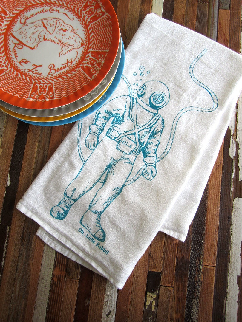 Screen Printed Organic Cotton Deep Sea Diver Flour Sack Tea Towel - Soft and Absorbent Kitchen Towel - Eco Friendly and Awesome - Nautical