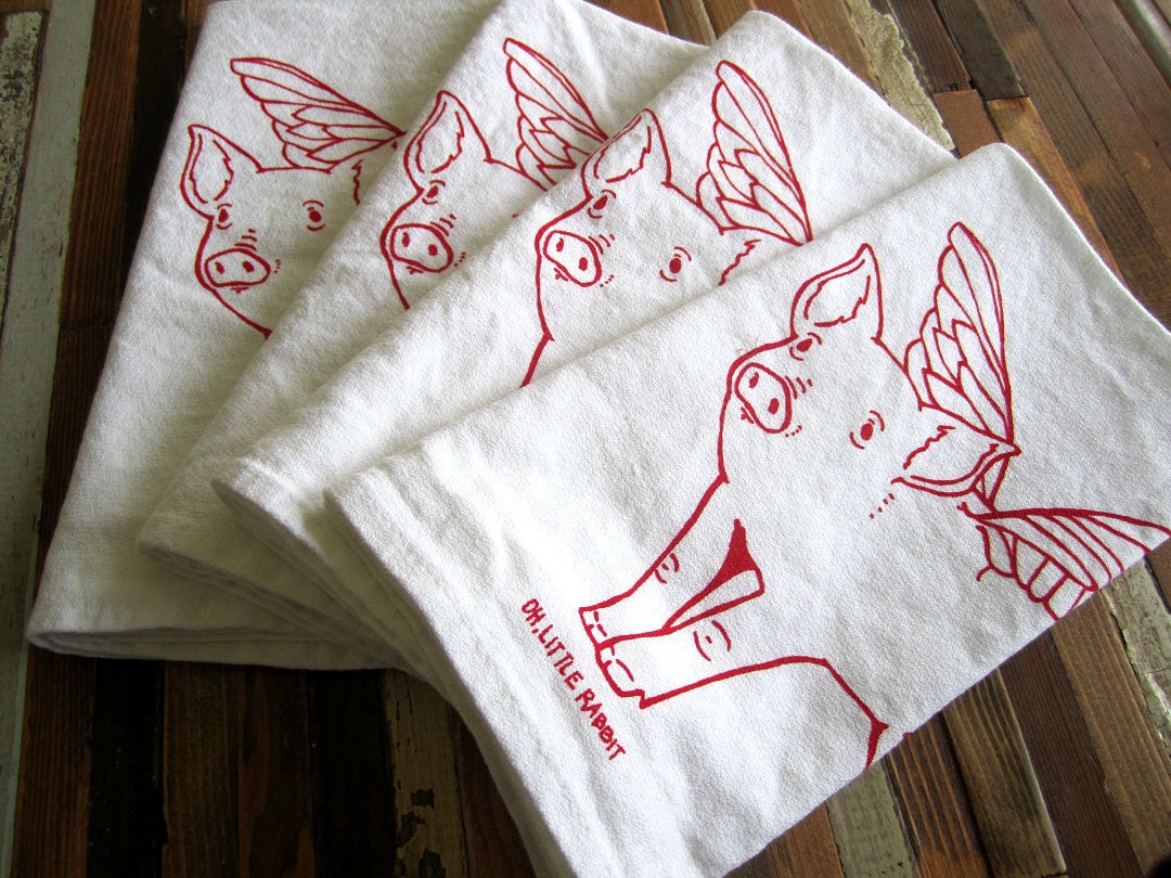 Screen Printed Organic Cotton Cloth Napkins - Eco Friendly Dinner Napkins - When Pigs Fly Illustration - Reusable