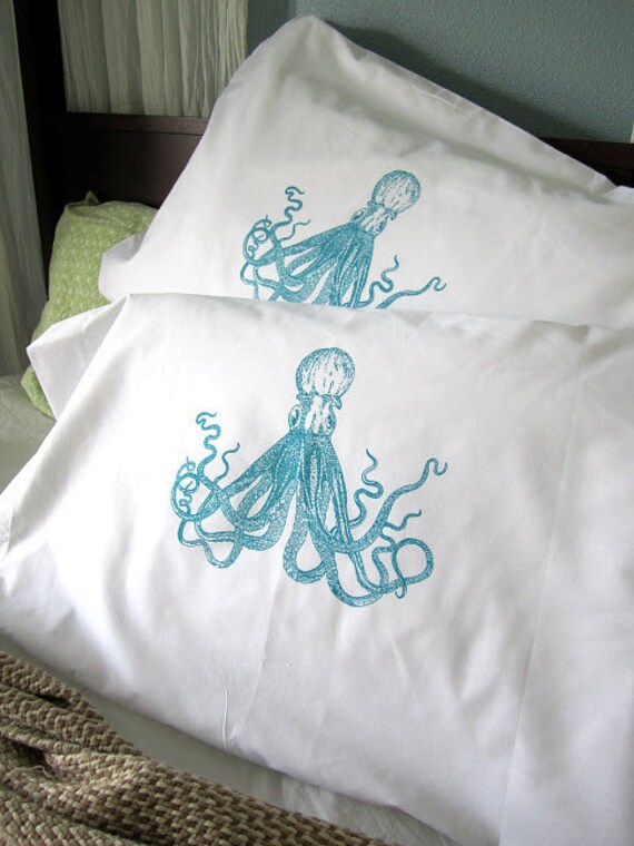 Screen Printed Octopus Pillow Cases - Set of 2 Standard Sized Pillow Covers - Eco Friendly Bedding