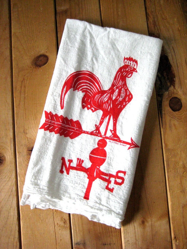 Tea Towel - Screen Printed Organic Cotton Rooster Weather Vane Flour Sack Towel - Rustic Kitchen Towel