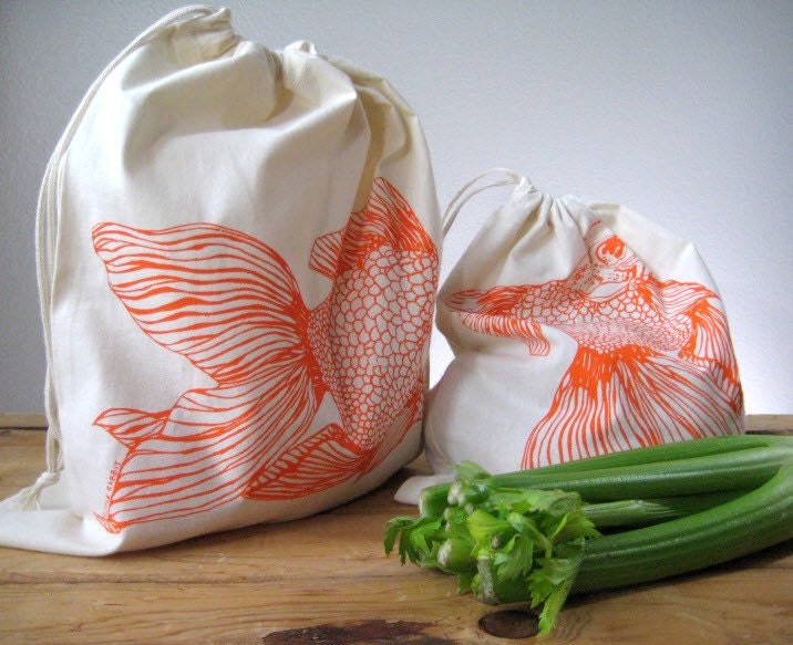 Screen Printed Natural Cotton Goldfish Produce Bags - Reusable and Washable