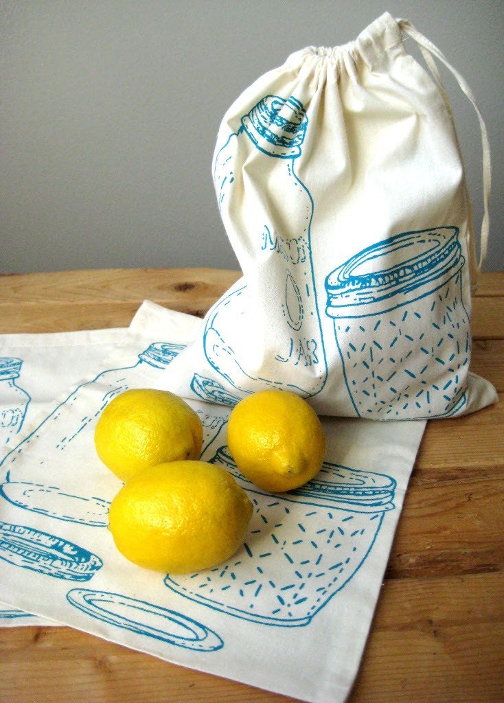 Set of 3 Screen Printed Reusable Organic Cotton Mason Jar Produce Bags