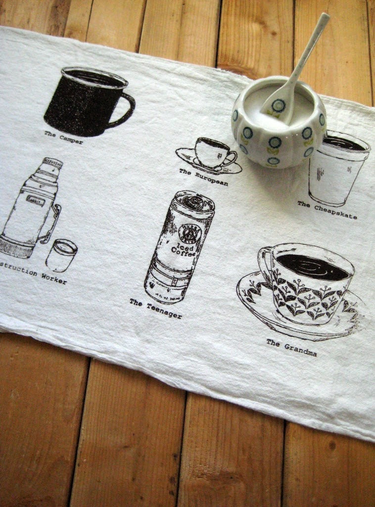 Tea Towel - Screen Printed Organic Cotton Coffee Cups Flour Sack Towel - Awesome Kitchen Towel for Dishes