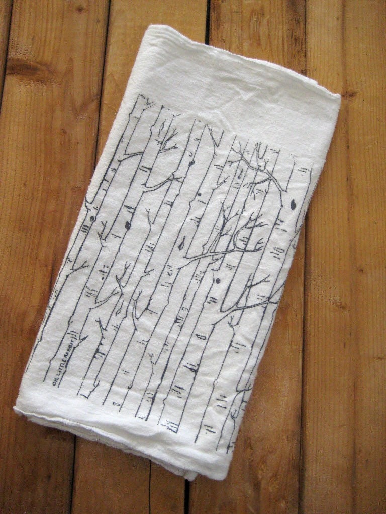 Tea Towel  - Screen Printed Organic Cotton Flour Sack Towel - Birch Tree Illustration - Soft and Absorbent Kitchen Dish Towel