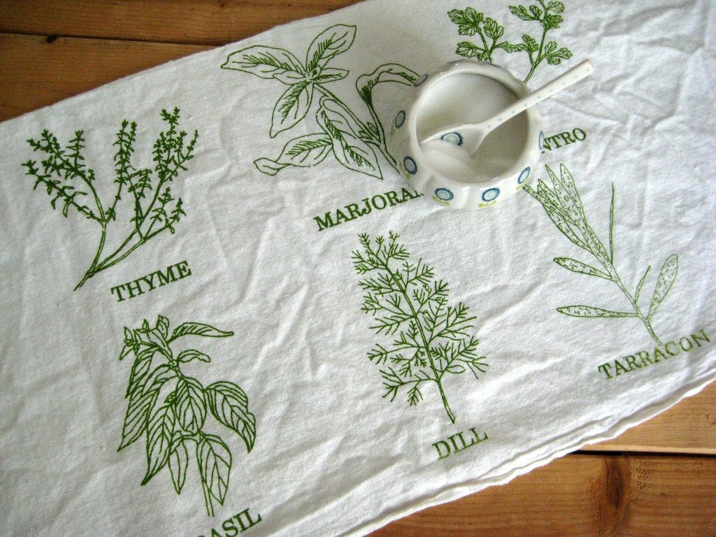 Screen Printed Organic Cotton List of Herbs Flour Sack Towel