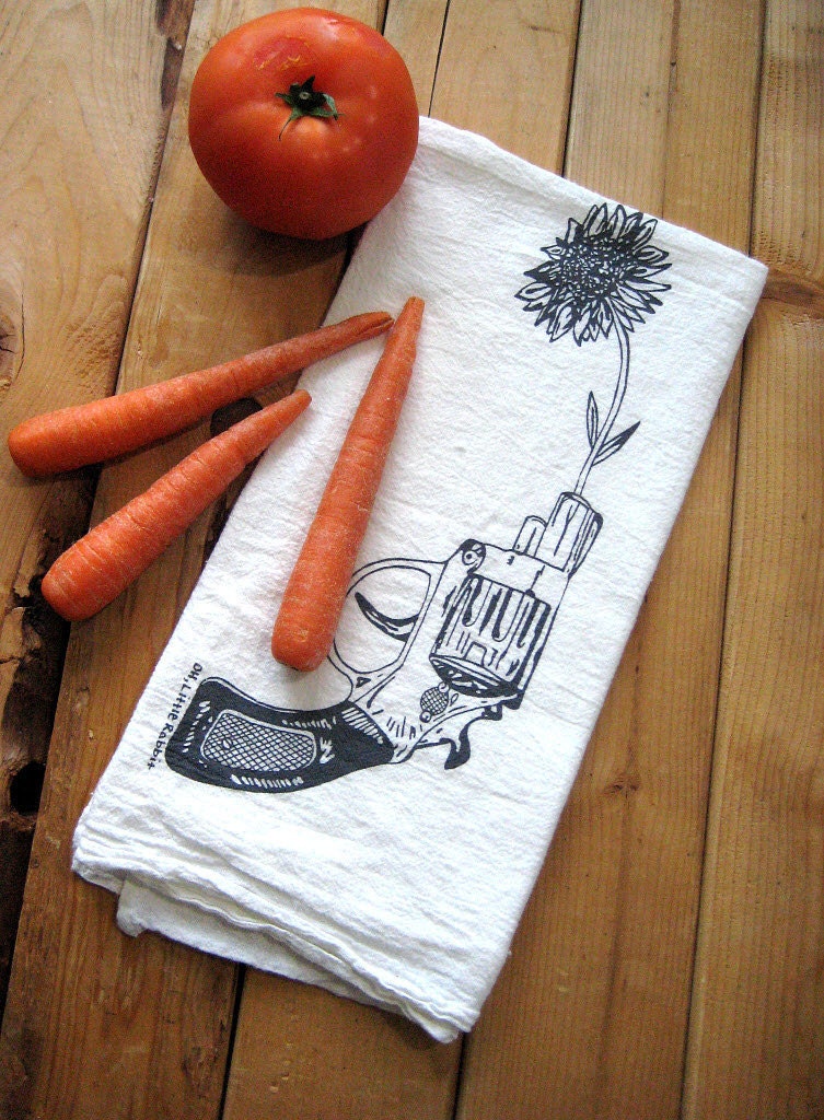 Screen Printed Organic Cotton Revolver and Daisy Flour Sack Tea Towel - Perfect Kitchen Towel for Dishes