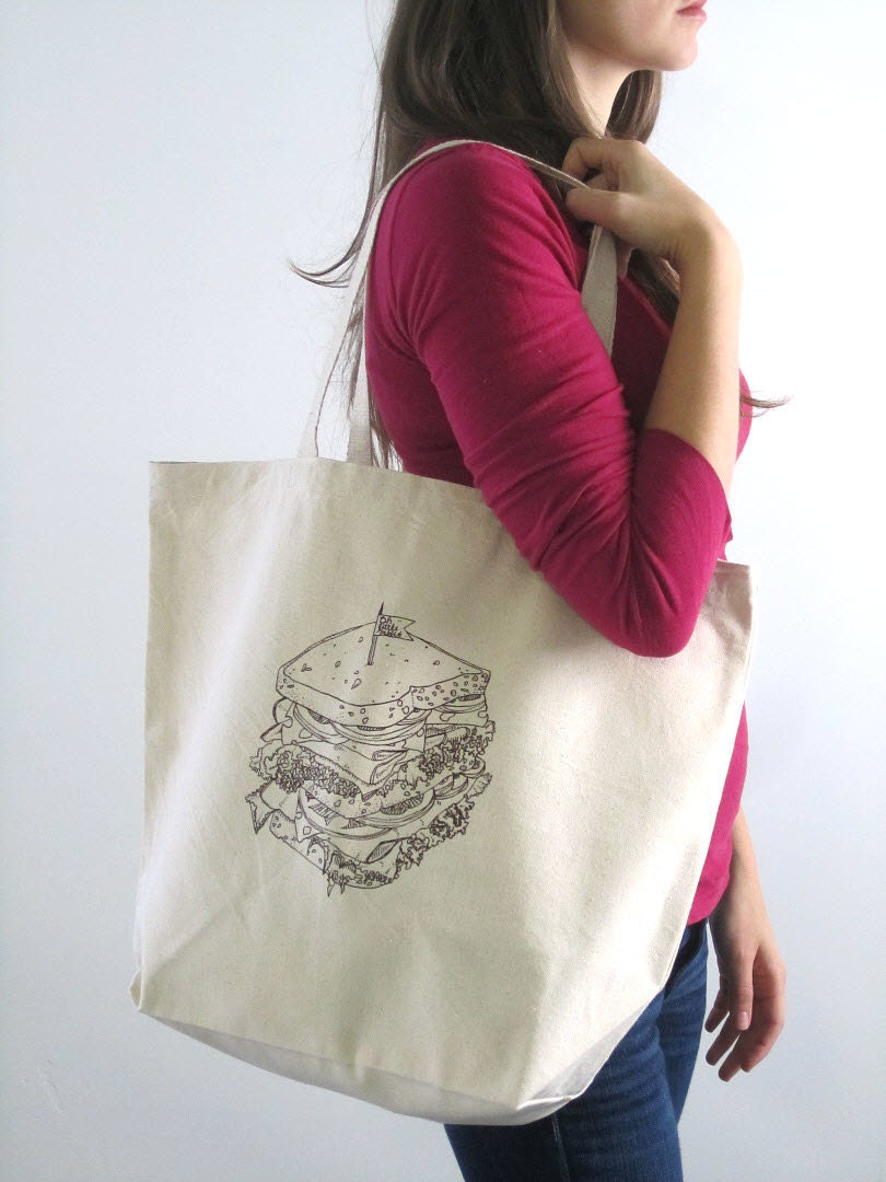 Screen Printed Recycled Cotton Grocery Bag - Eco Friendly Shopper Tote - Reusable and Washable - Large Canvas Tote Bag - Deli Sandwich Print