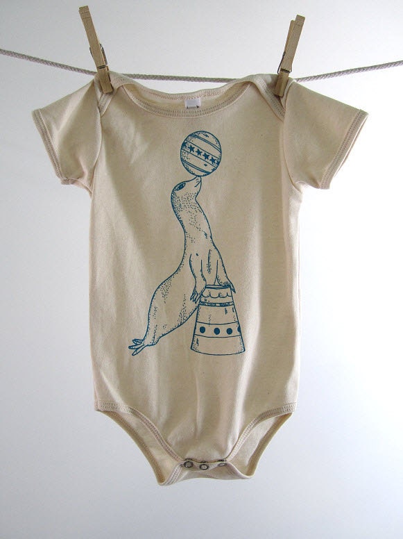 Organic Onesie - Hand Screen Printed American Apparel Baby Onesie - Vintage Circus Seal (You pick size)