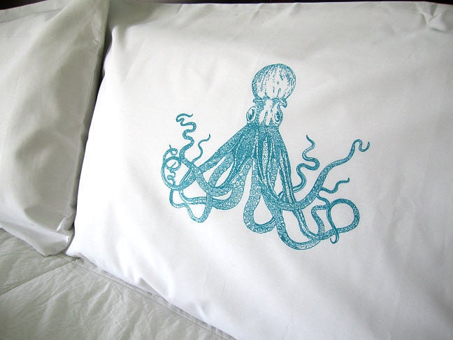 Screen Printed Octopus Pillow Cases - Set of 2 Standard Sized Pillow Covers - Eco Friendly Bedding
