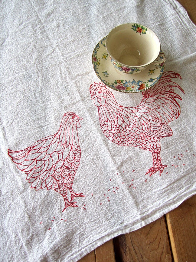 Screen Printed Organic Cotton Flour Sack Tea Towel - Chicken and Rooster Illustration- Eco Friendly Hand Towel for Every Day