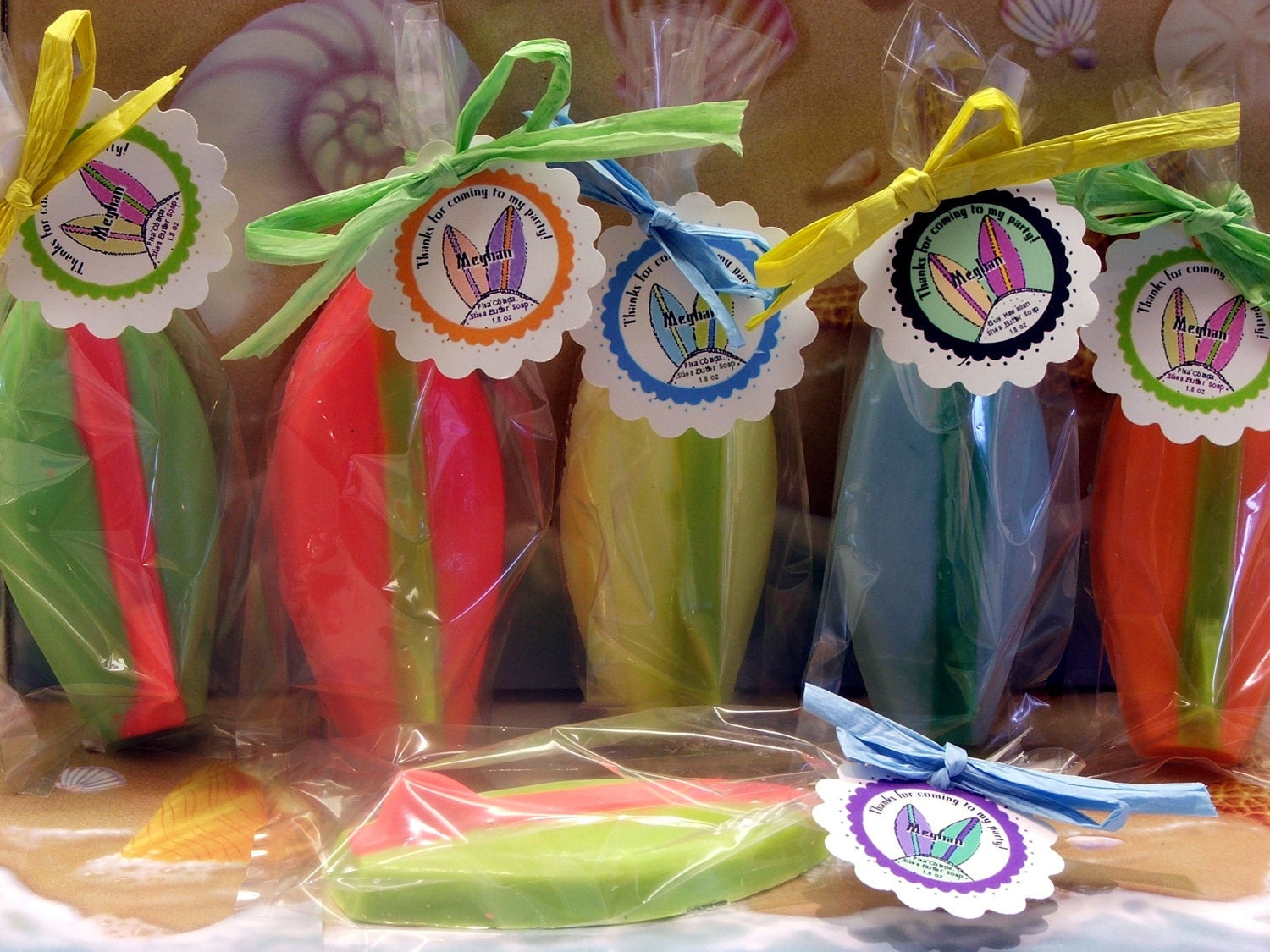 Set of 10 Surfboard Surfing Soap Party Favors with customized tags for Tropical Beach Baby Shower Bridal Shower