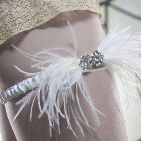 STARLET  Silk Feather and Rhinestone Garter in Ivory and Cream