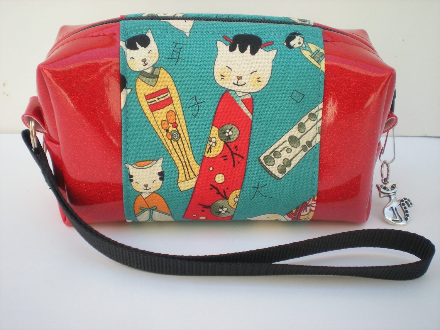 Turquoise Clutch Purse, Cat Purse, Sparkle Vinyl Bag, Mid Century Art, Red and Turquoise Bag, Japanese Kokeshi Dolls, Gift for Cat Lovers