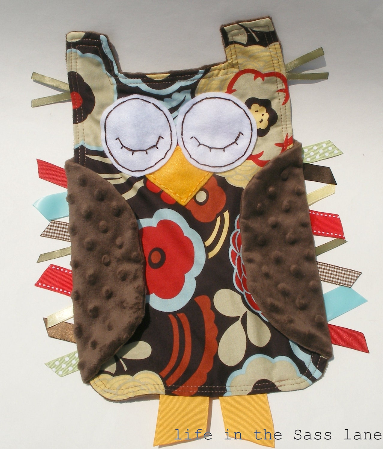 Woodland OWL Ribbon Tag Baby Blanket in Alexander Henry Mocca Print and Chocolate Brown Minky Blankie Lovey Lovie Baby Gift