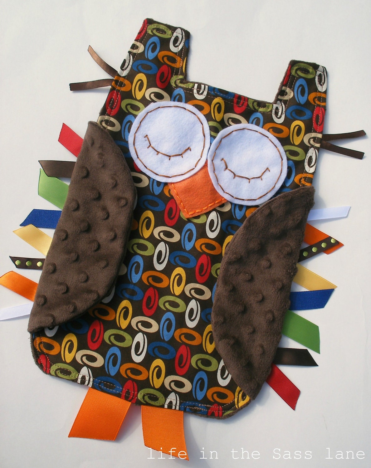 Woodland OWL in Retro Inspired Swirls Print with Chocolate Brown Minky Fabric Ribbon Tag Blankie Blanket Lovey Lovie Baby Gift