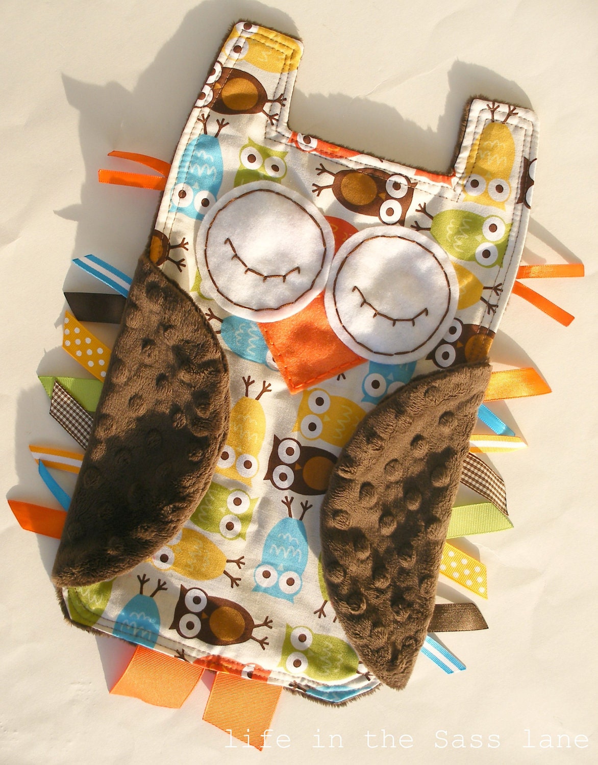 Urban Zoologie Owls Ribbon Tag Baby Blanket and Chocolate Brown Minky Blankie Lovey Lovie Baby Gift