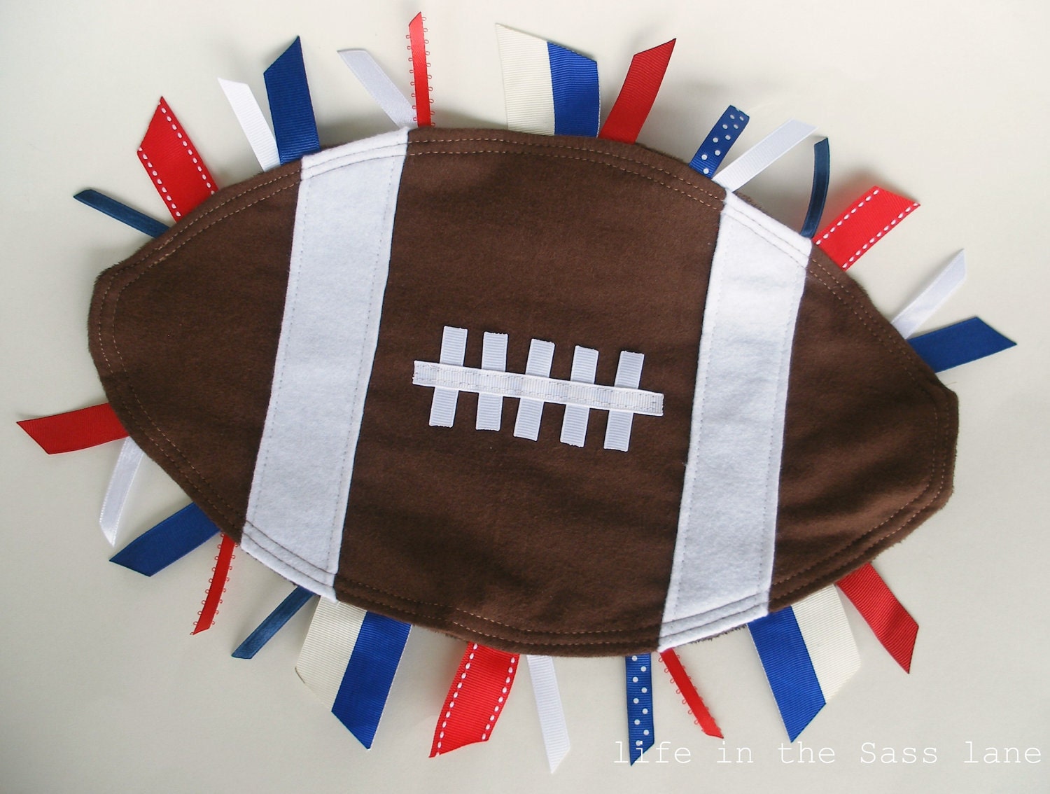 Football Blanket with Red, White, Blue Ribbon Tags Brown Flannel and Minky Blankie Sports Athletic Team Spirit Pride Baby Gift