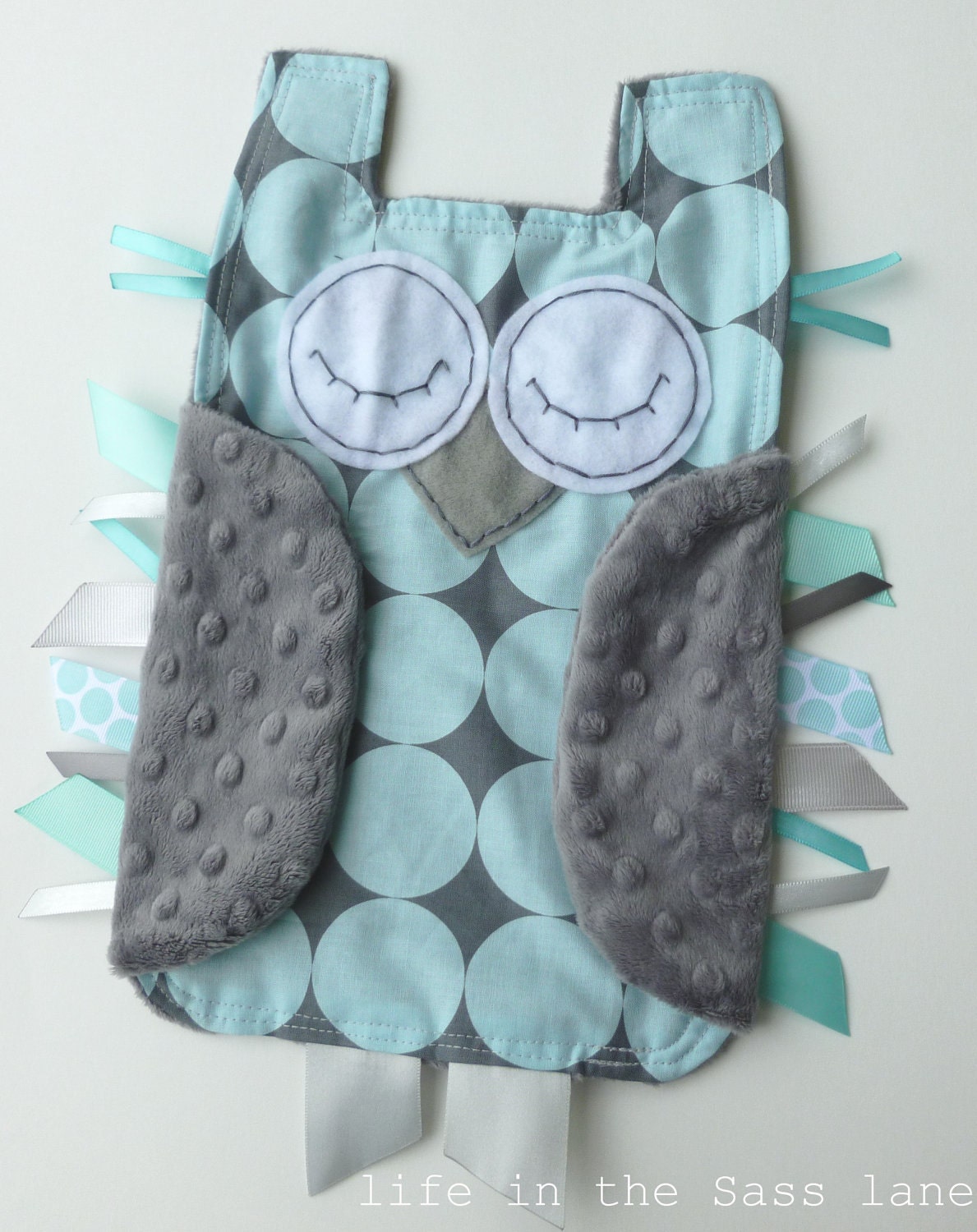 Sea Blue and Gray Disco Dot OWL Ribbon Tag Baby Blankie in Michael Miller Fabric with Gray Minky Blanket Lovey Lovie Baby Gift