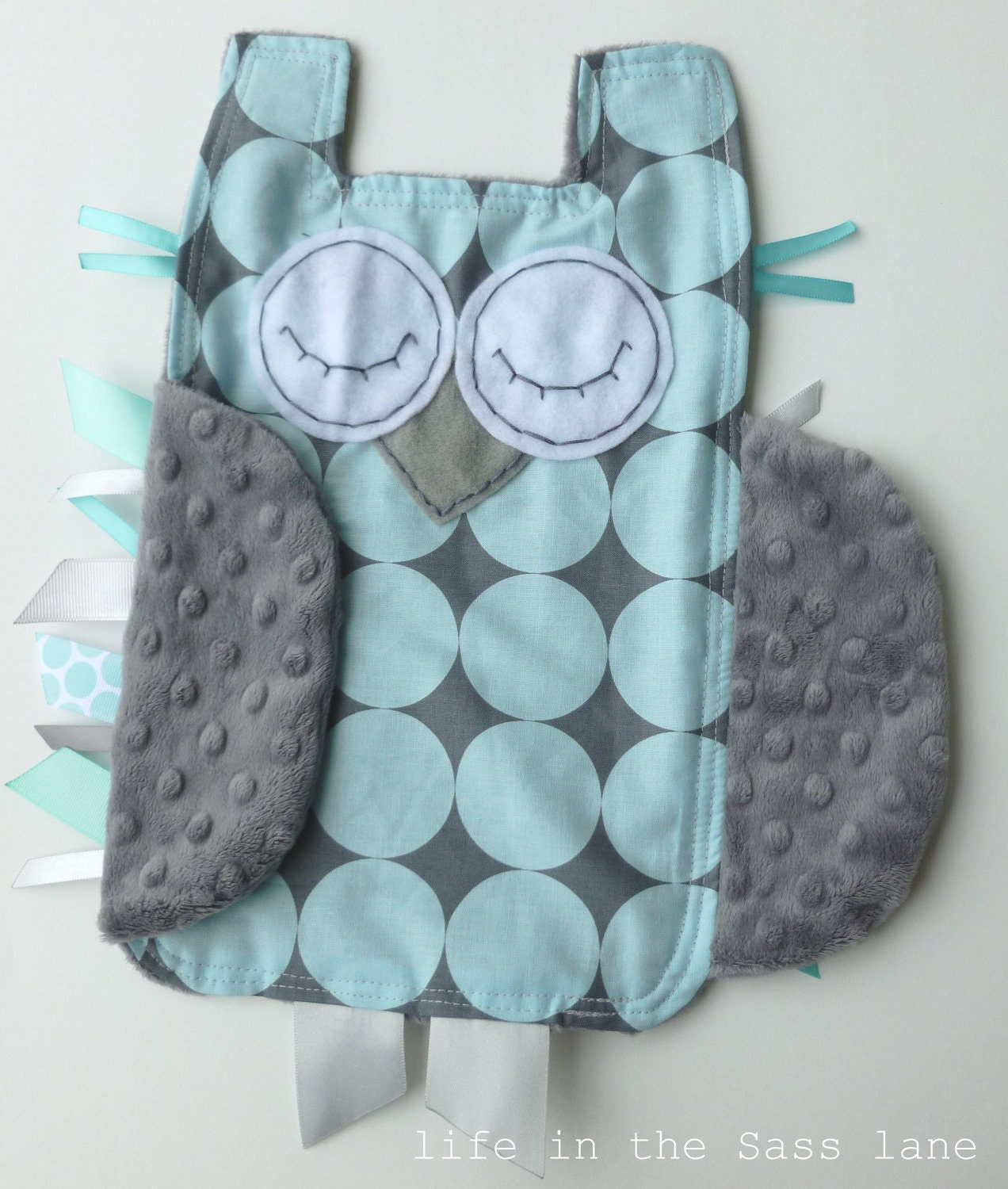 Sea Blue and Gray Disco Dot OWL Ribbon Tag Baby Blankie in Michael Miller Fabric with Gray Minky Blanket Lovey Lovie Baby Gift