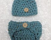 Chunky Blue Tweed Diaper Cover and Hat Set