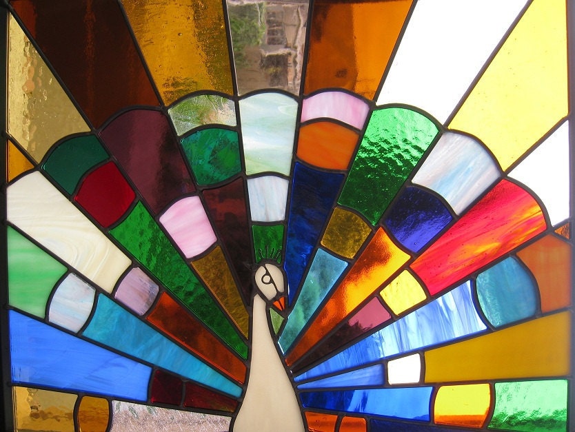 Stained Glass Panel - Rainbow Peacock - Window Suncatcher