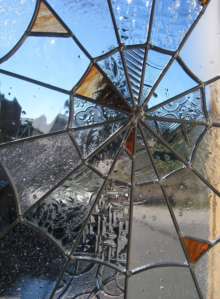 SALE - - Stained Glass Spider Web Orange