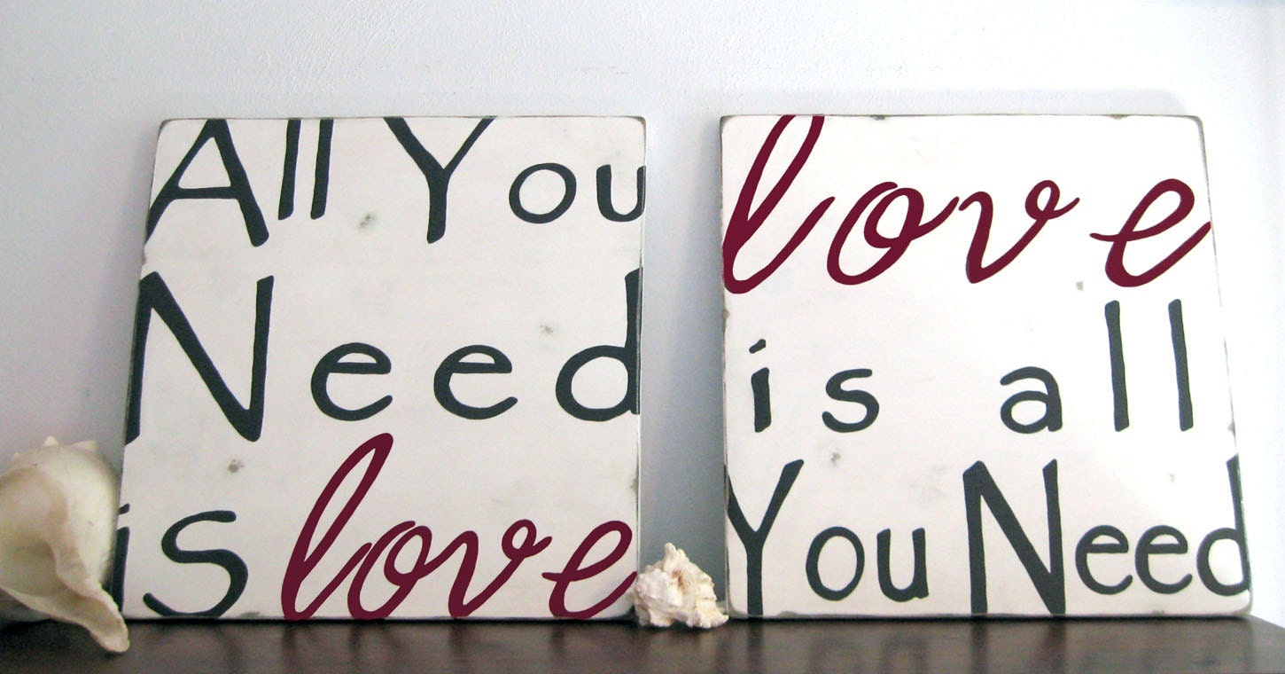 All You Need Is Love Wood Sign - Typography Word Art -Weather Worn White and Crimson Red on Wood