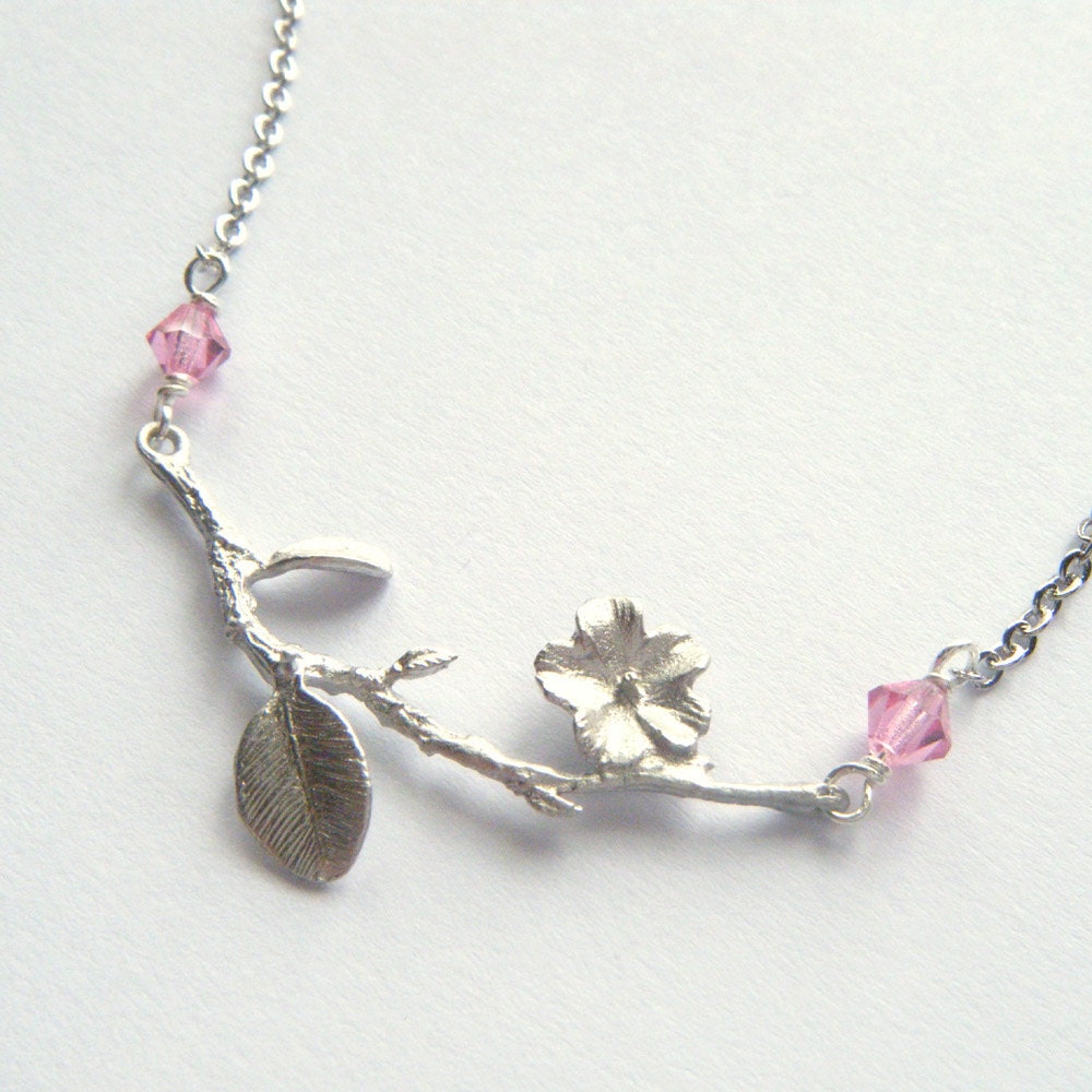 Silver Branch Necklace - Delicate Dainty Jewelry, Pastel Fashion, Wedding Jewelry, Pink Rose Swarovski Crystals, Flowers - 'Cherry Blossom'