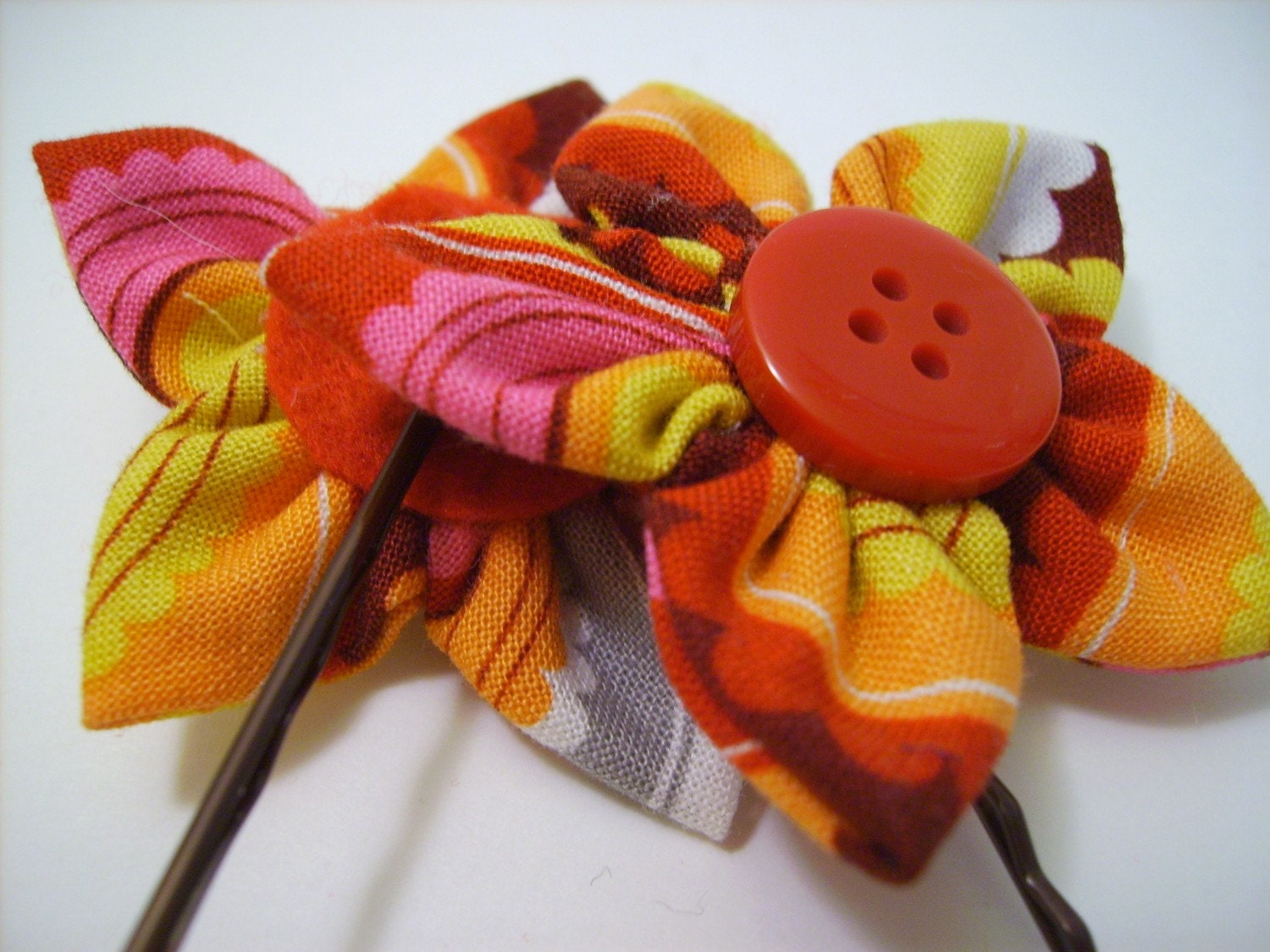 CLEARANCE - Two Flower Bobby Pins in Red,Orange,White,Grey, Pink Fabric with Red Button