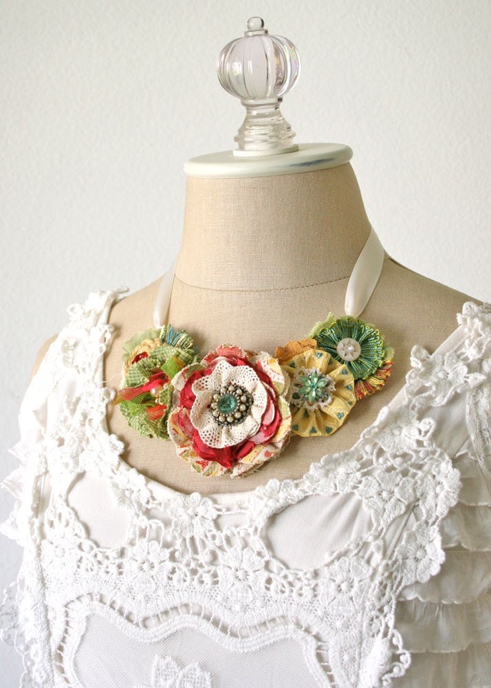 Colorful Garden Party Fabric Flower Statement Necklace