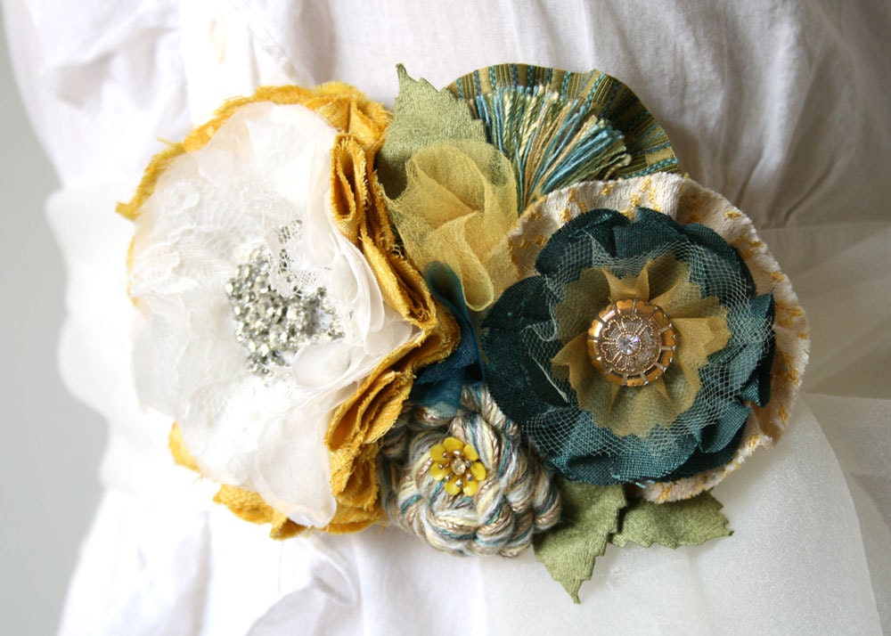 Floral Bridal Sash Dress Pin in Teal, Yellow, White, Vintage Rhinestone