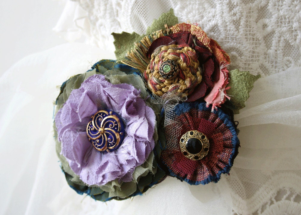 Fabric Flower Pin Corsage Brooch in Violet Purple, Burgundy, Blue, Green, Gold