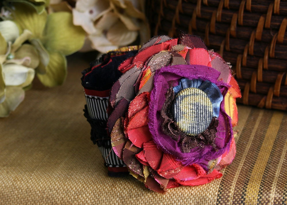 Whimsical Fabric Flower Cuff Bracelet Corsage in Bright Colors Vintage Button
