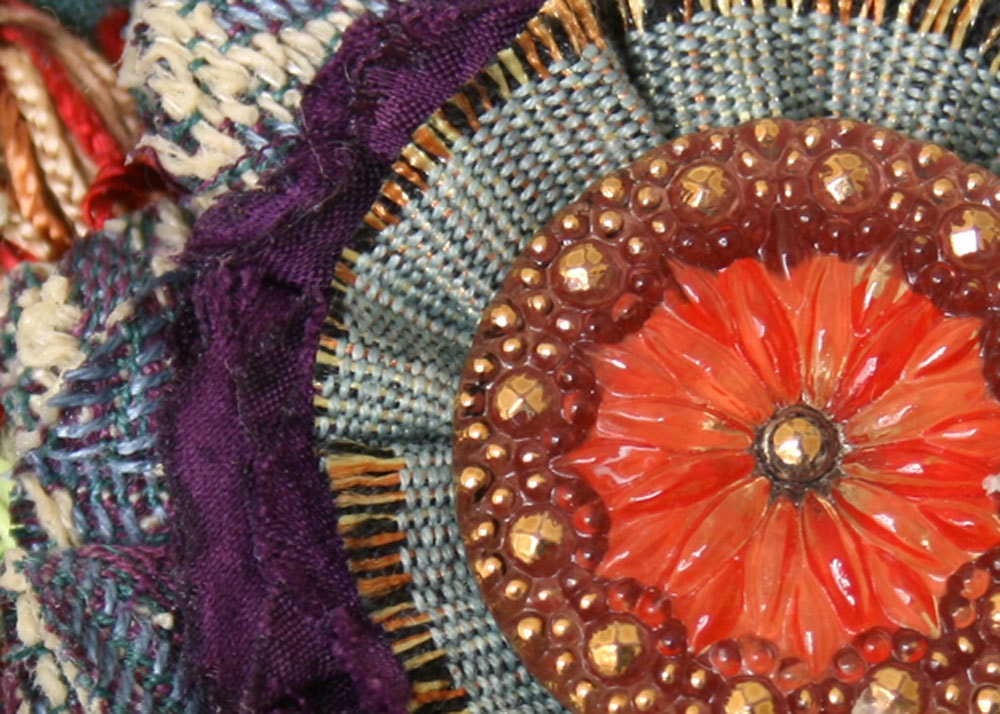 Colorful Fabric Flower Necklace, Teal Blue, Red, Violet Purple, Gold
