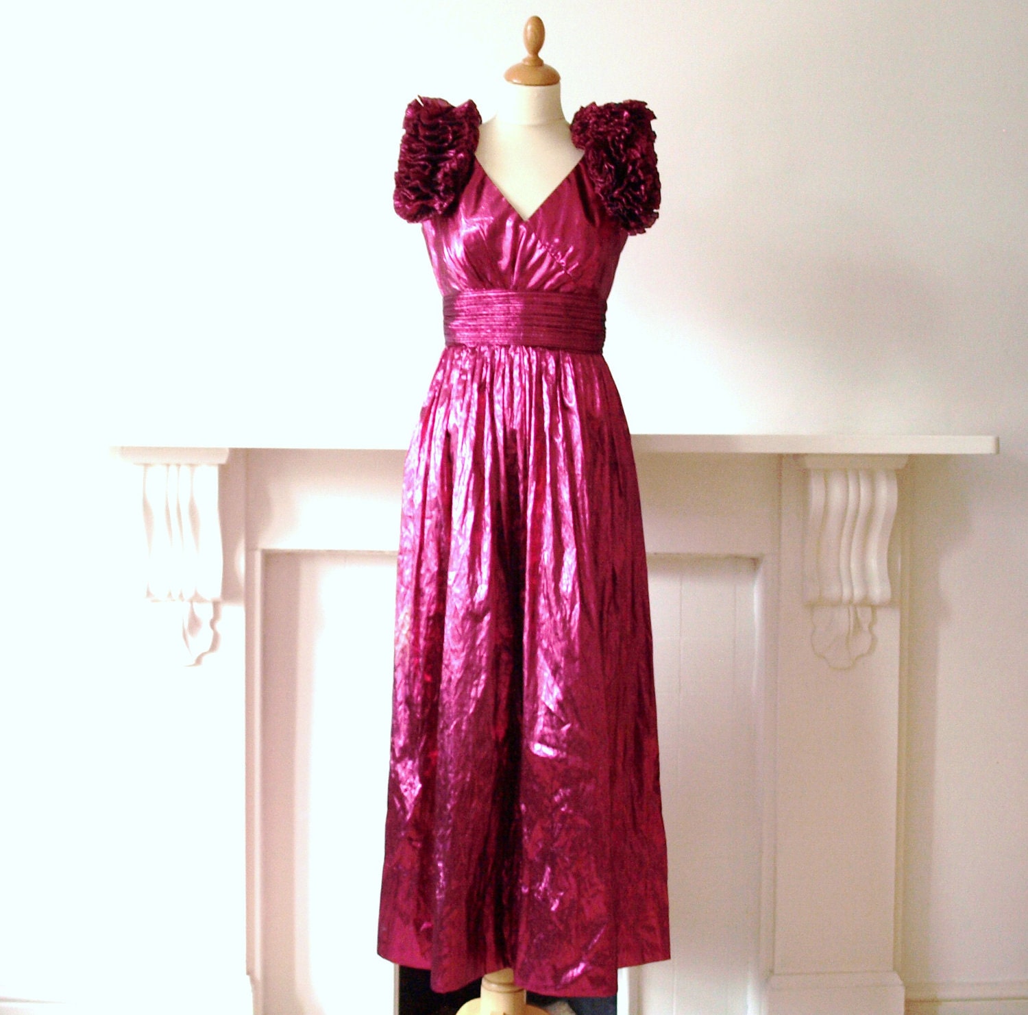 Vintage 1980s metallic pink lame evening dress with avant garde statement ruffled shoulders by Alyce Designs small