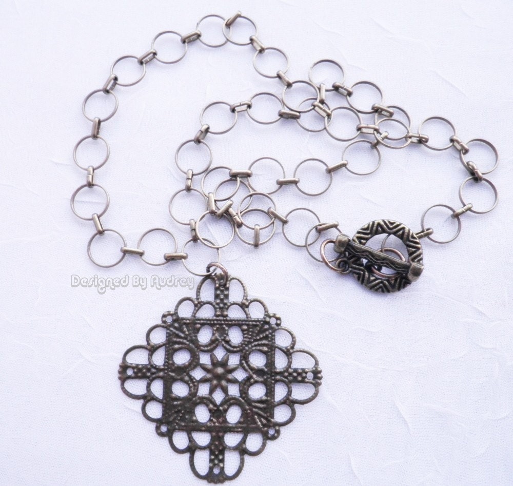 Antique Brass Filigree Diamond Shaped Medallion Necklace