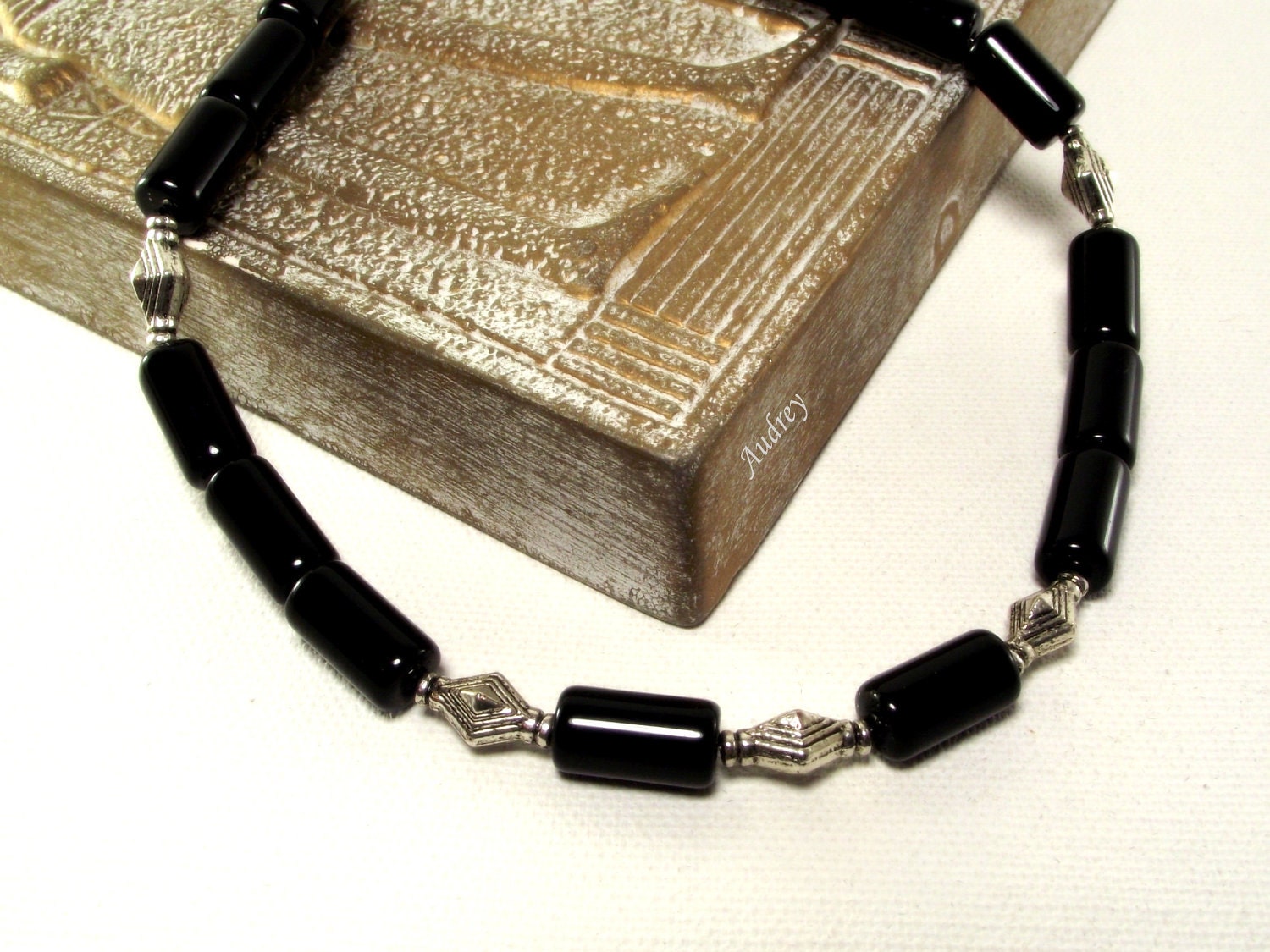 Mens Black and Silver Beaded Necklace