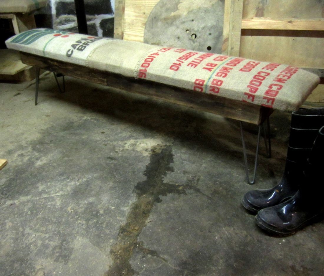Salvaged wood and recycled steel coffee sack monster benches